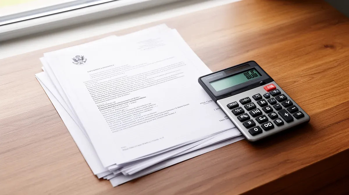 Documents officiels et calculatrice sur un bureau, symbolisant le calcul des indemnités