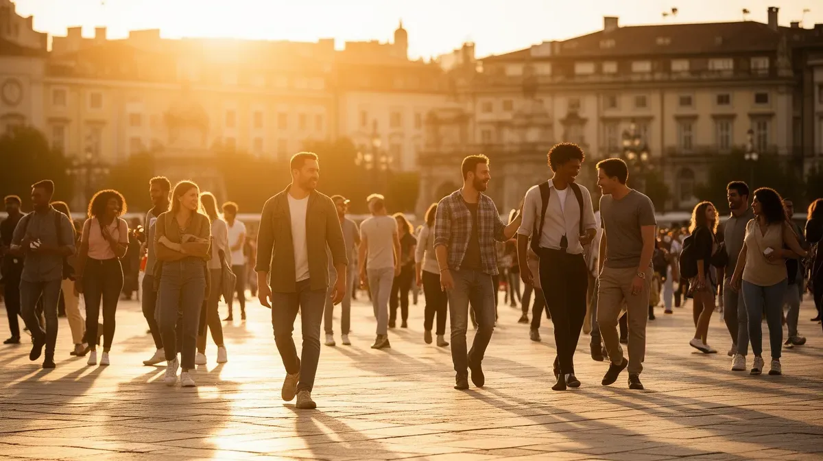 Groupe de citoyens dans une place publique, représentant la population française