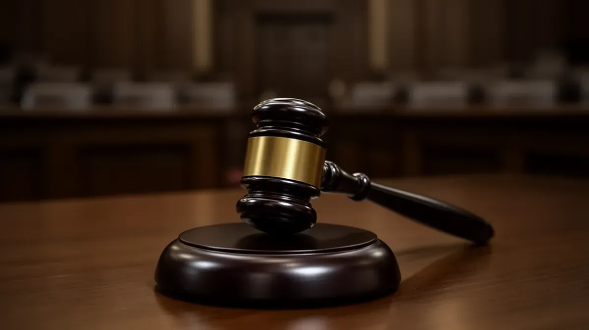 Marteau de juge sur une table de tribunal, symbole de la condamnation judiciaire