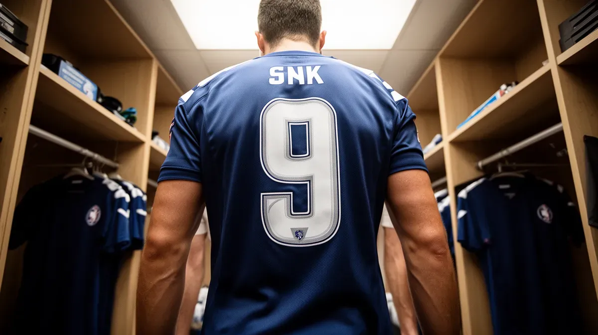 Maillot de football numéro 9 dans un vestiaire, ambiance intime