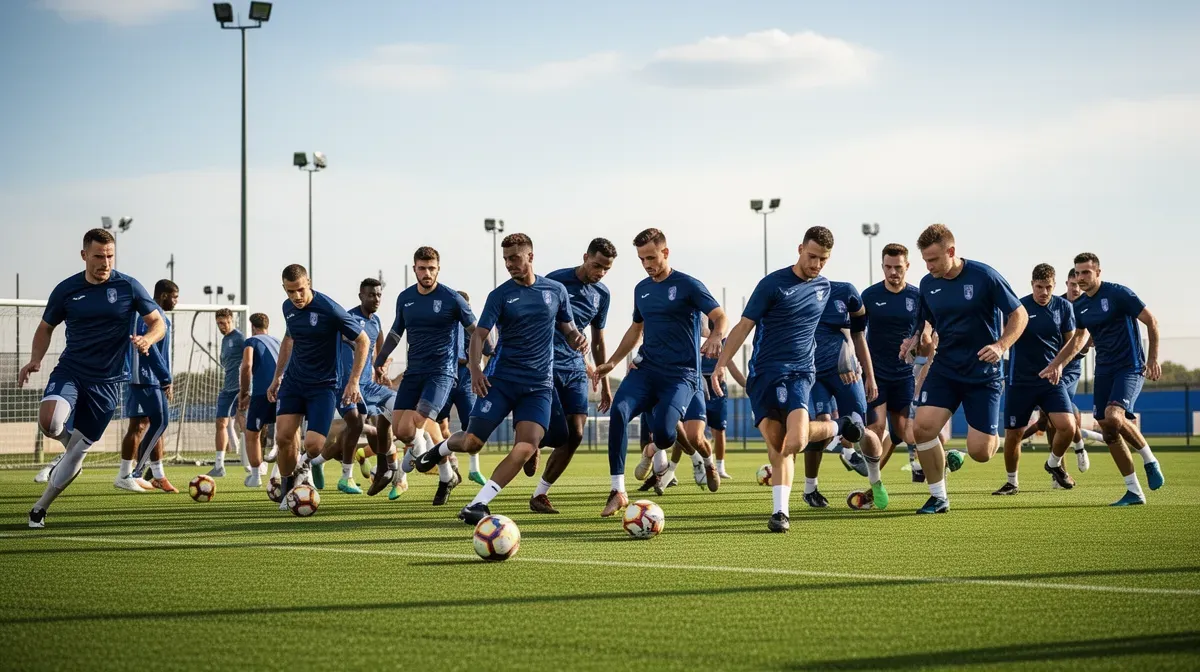 Équipe de football en entraînement sur un terrain, vue large