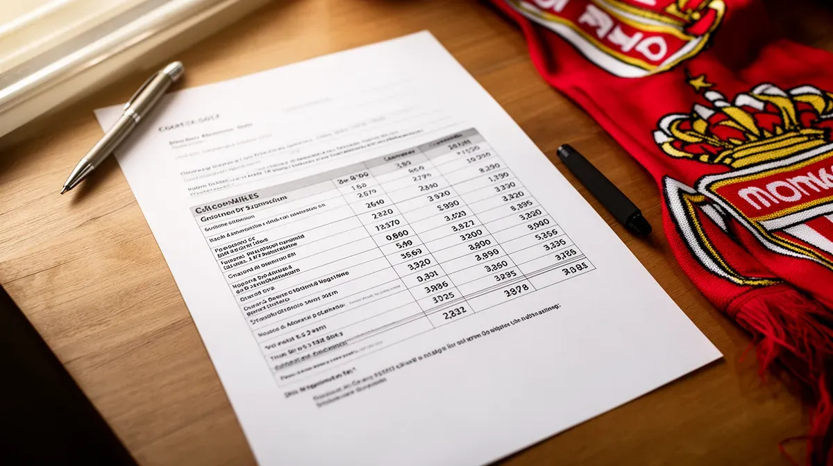 Contrat de Paul Pogba avec l'AS Monaco posé sur un bureau en bois, avec un stylo et une écharpe du club