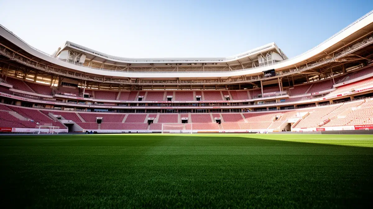 Stade Louis II vide, vue depuis le bord de la pelouse, ambiance calme et ensoleillée