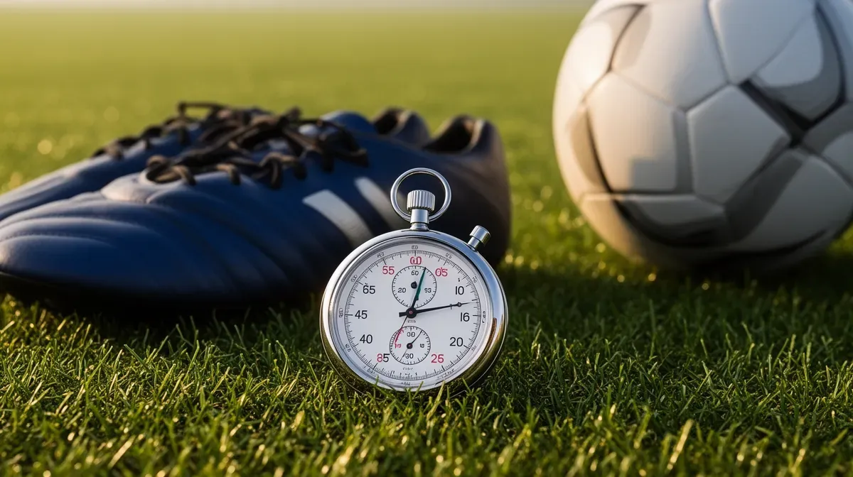 Chronomètre posé sur l'herbe à côté de chaussures de football et d'un ballon, symbolisant le temps de jeu