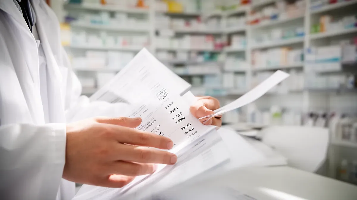 Gros plan sur les mains d'un jeune pharmacien tenant un document avec des chiffres de salaire dans une pharmacie lumineuse