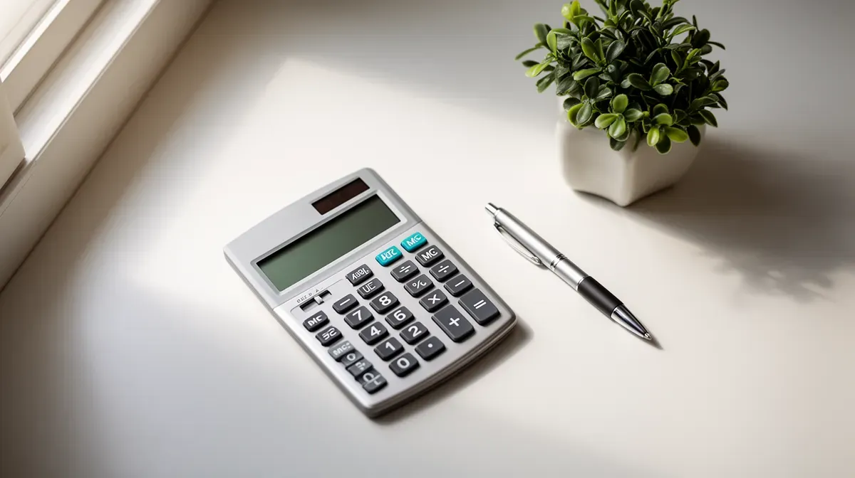 Vue de dessus d'un bureau de pharmacien avec une calculatrice, un stylo et une plante, ambiance professionnelle et calme