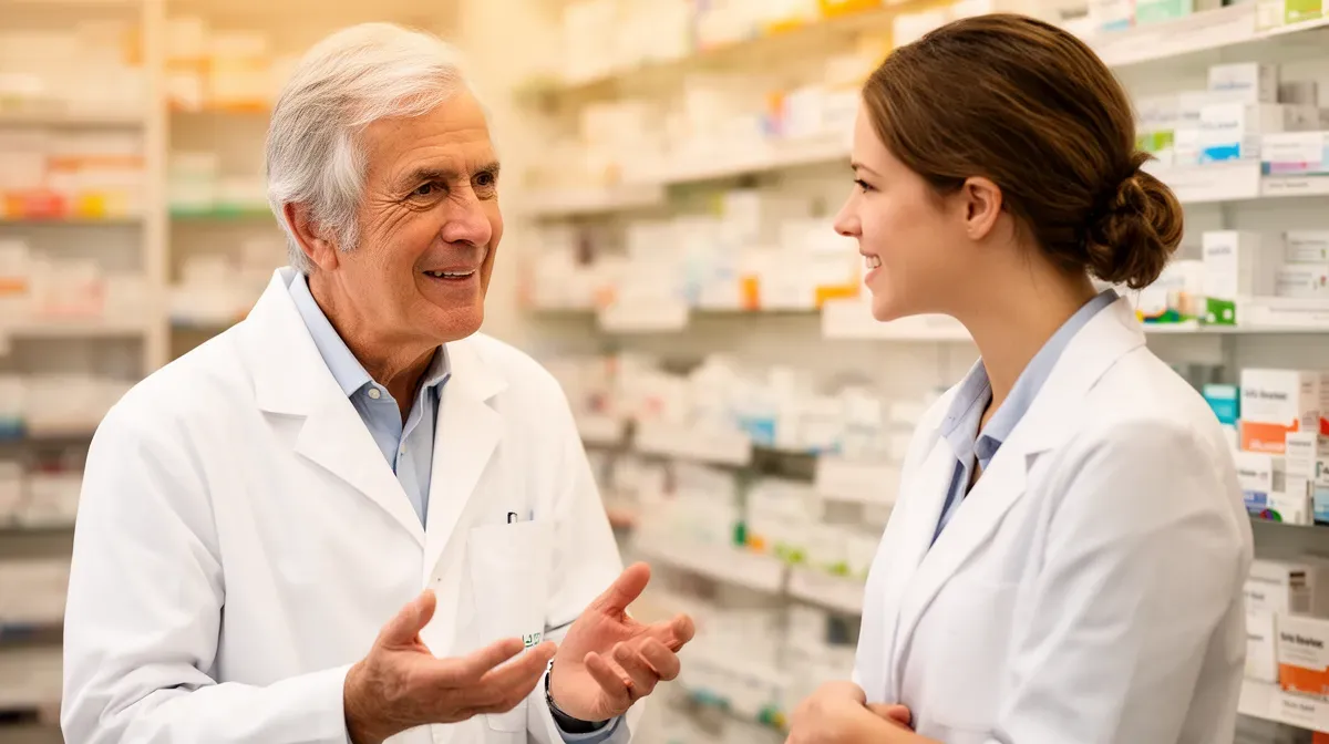 Deux pharmaciens, l'un plus âgé et l'autre plus jeune, en conversation dans une pharmacie lumineuse, ambiance collaborative