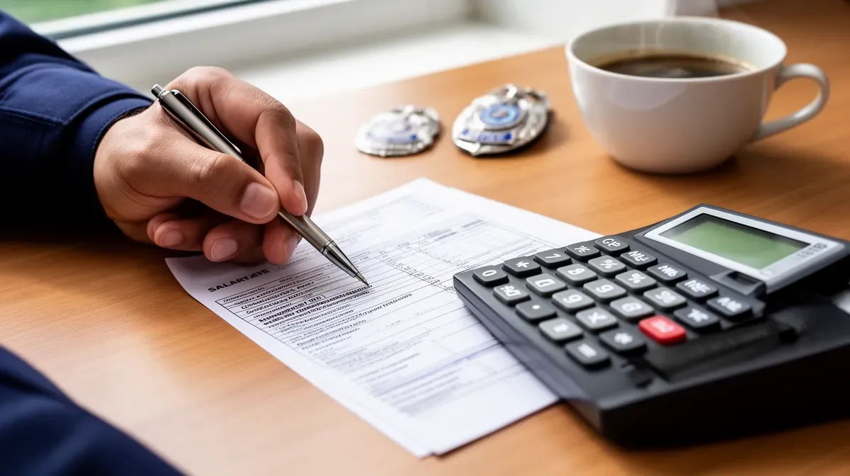 Gros plan sur une main de policier calculant son salaire avec un stylo et une calculatrice