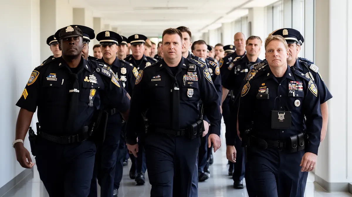 Groupe de policiers de différents grades marchant dans un couloir moderne