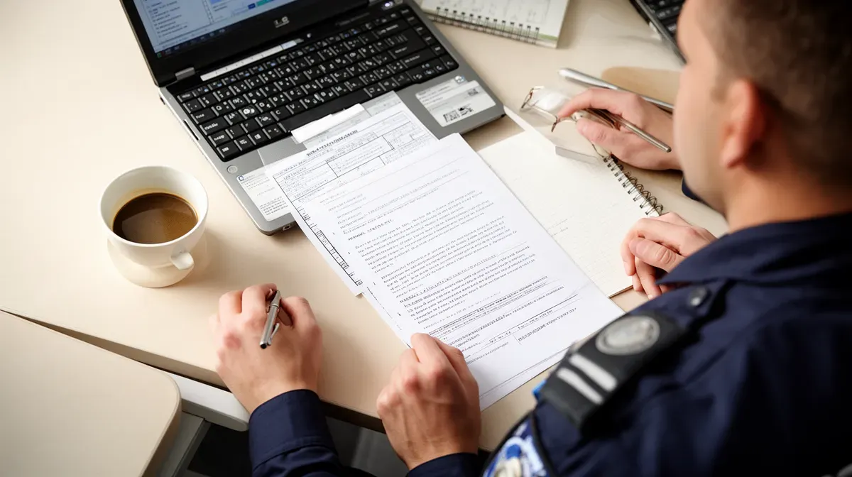 Vue de dessus d'un policier étudiant un document sur un bureau