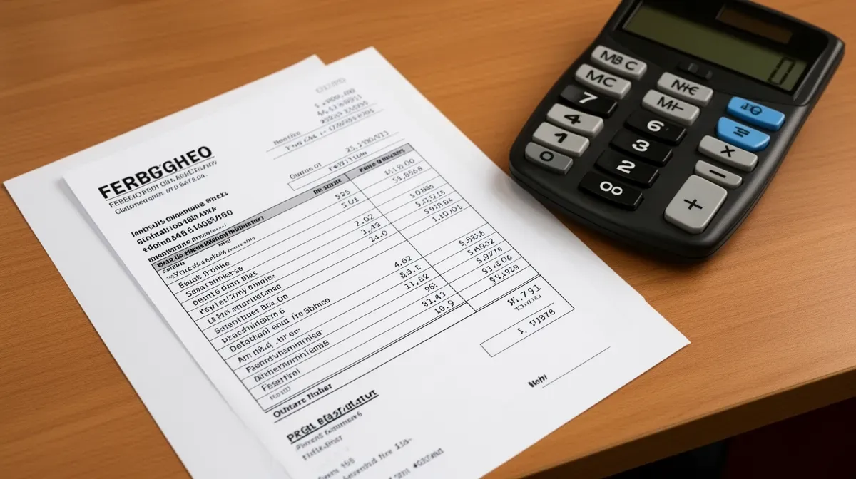 Fiche de paie et calculatrice sur un bureau, illustrant le calcul du salaire d'un pompier