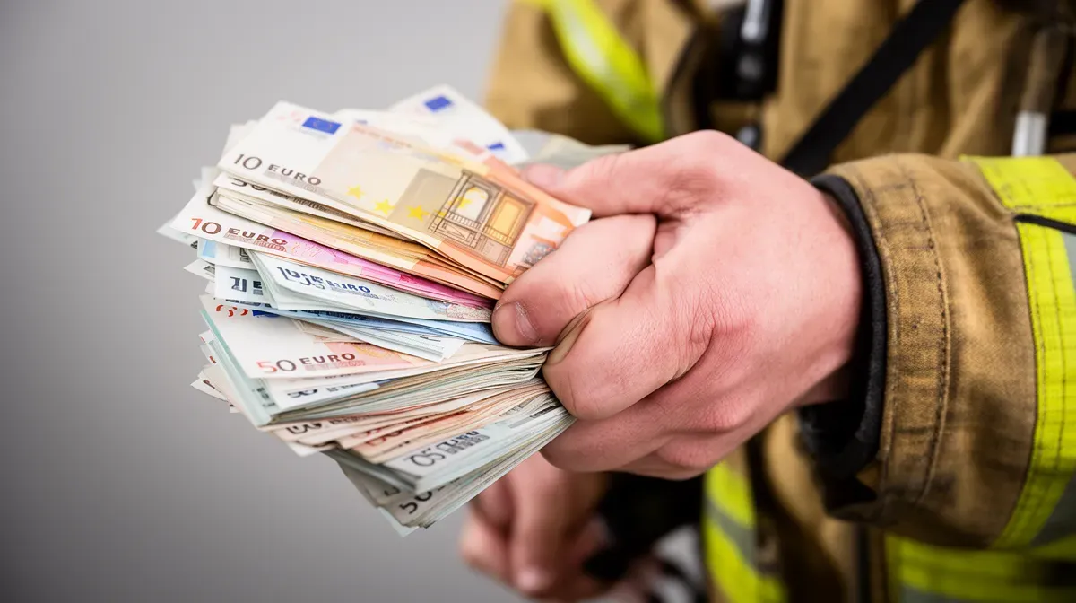 Main de pompier tenant des billets de banque, symbolisant les primes et indemnités