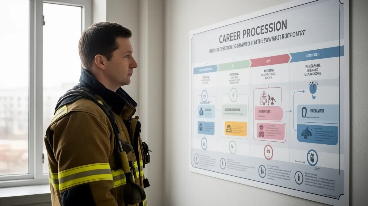 Pompier observant un tableau d'évolution de carrière, illustrant les perspectives de promotion