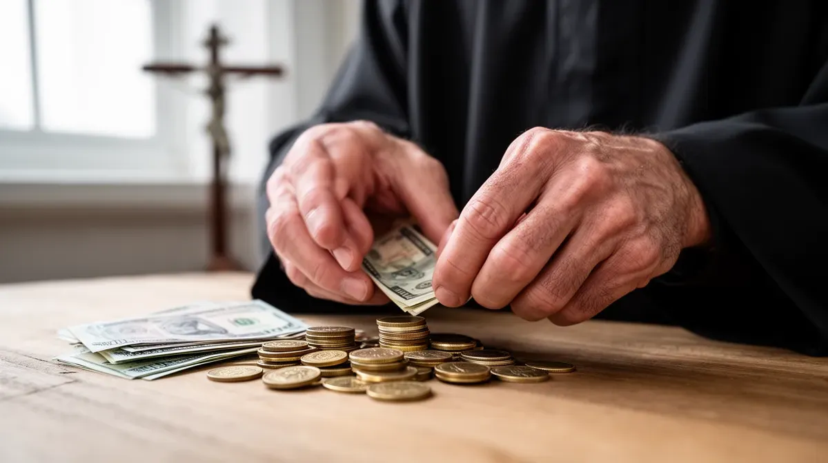 Gros plan sur les mains d'un prêtre comptant des pièces et billets sur une table en bois, symbole de son traitement modeste