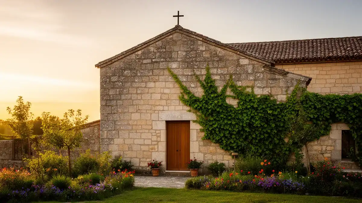 Presbytère en pierre avec jardin, vue de face, lumière de golden hour, ambiance accueillante