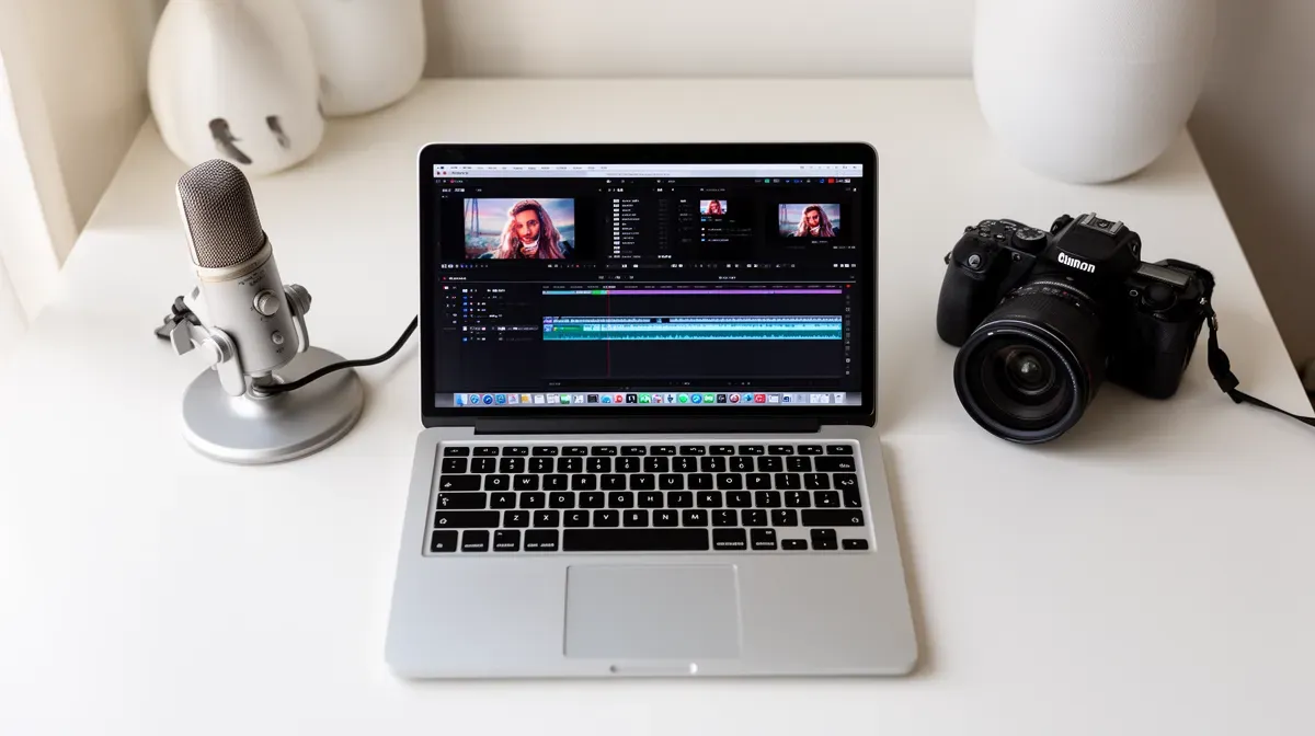Espace de travail d'un créateur YouTube avec équipement de production vidéo