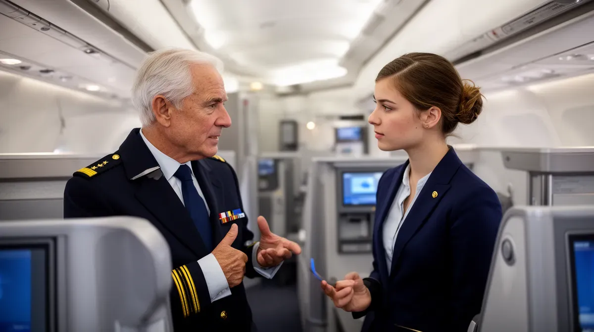 Steward expérimenté discutant avec un collègue plus jeune dans la cuisine d'un avion