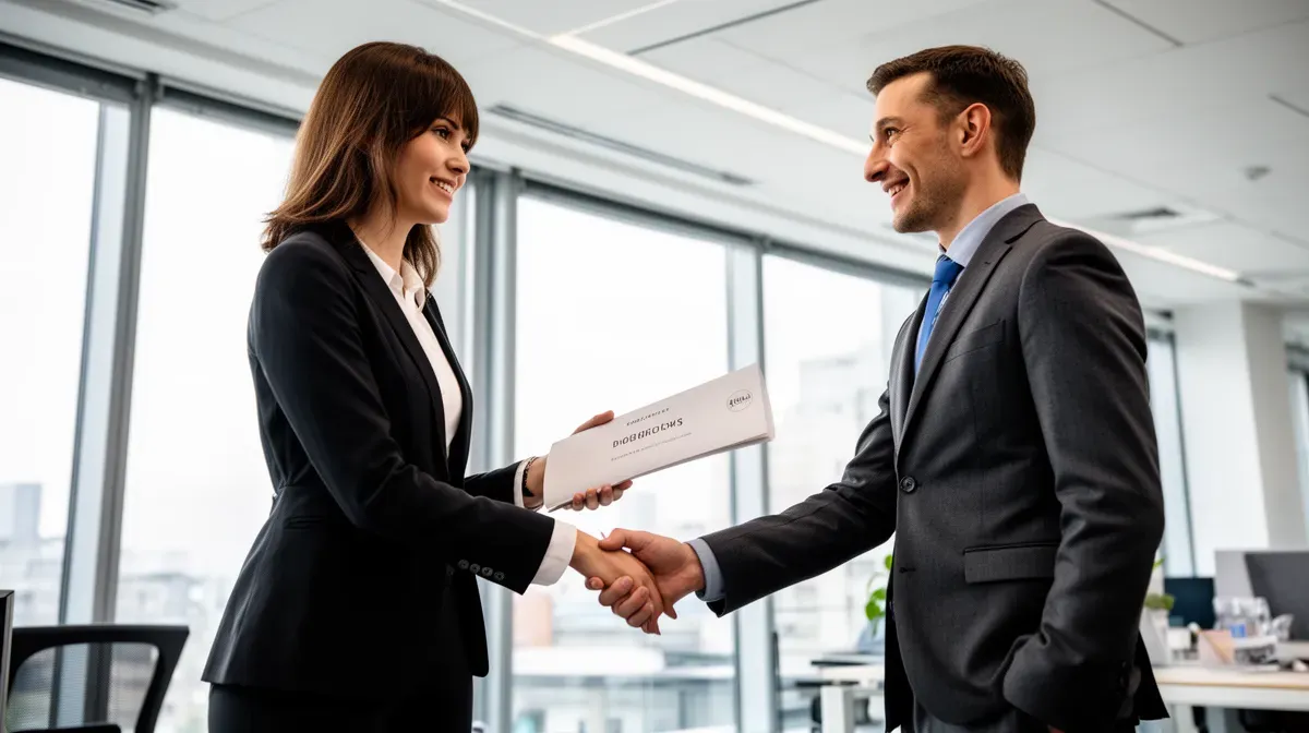 Un jeune travailleur présente son diplôme à un employeur dans un bureau moderne, illustrant les conditions pour obtenir le salaire minimum qualifié au Luxembourg.