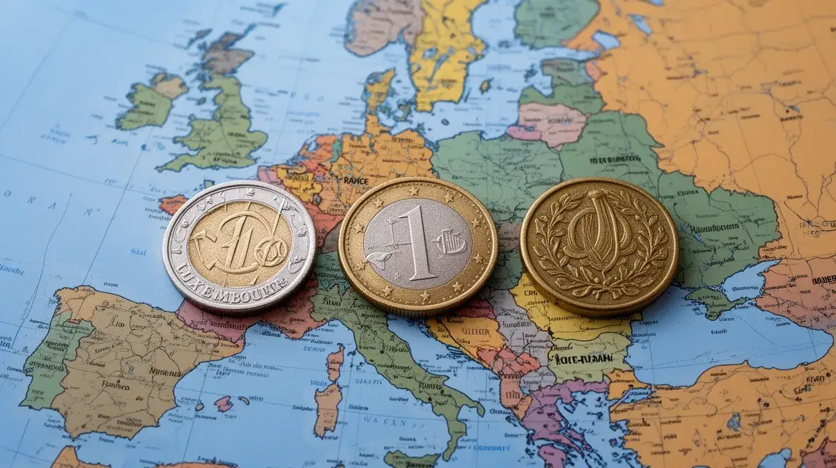 Carte de l'Europe avec des pièces de monnaie du Luxembourg, de la France et de l'Allemagne, illustrant la comparaison des salaires minimaux entre ces pays.