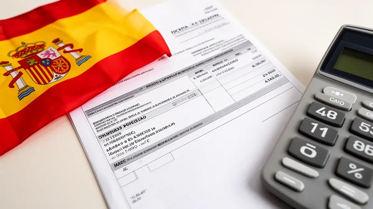 Fiche de paie espagnole avec calculatrice et drapeau espagnol pour illustrer le système des 14 mois du SMI