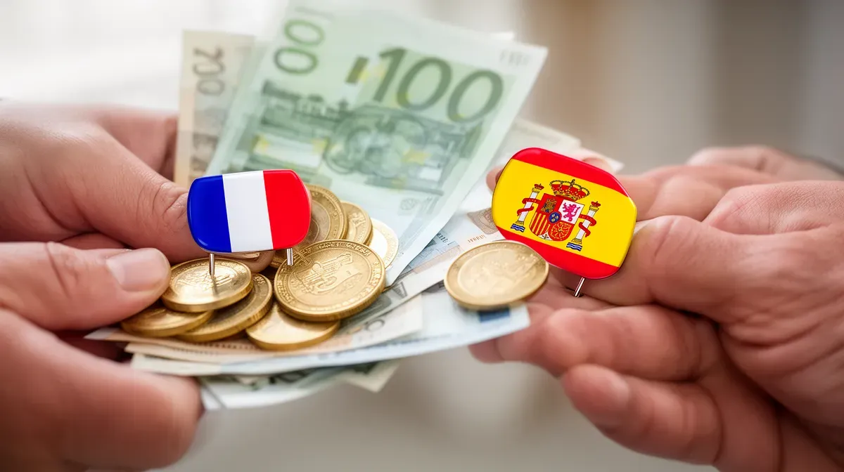 Mains tenant des euros avec drapeaux français et espagnol pour comparer les salaires minimums