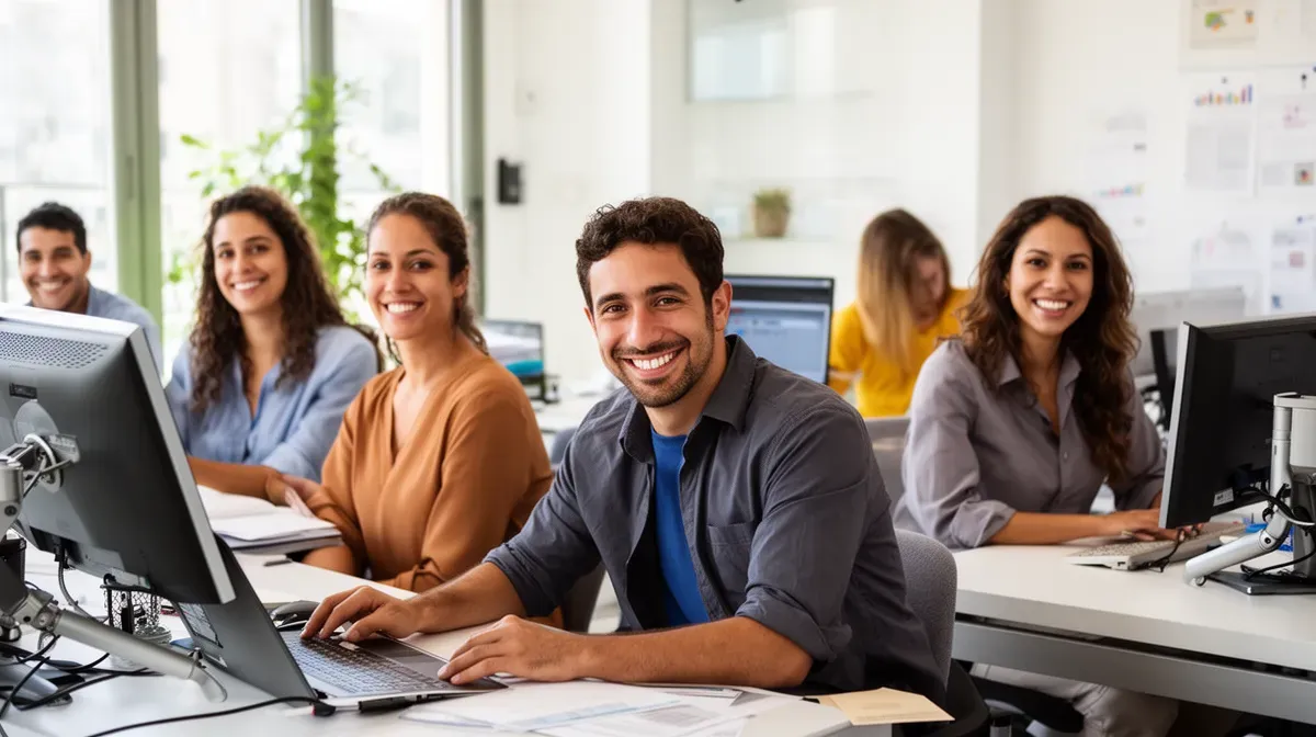 Groupe diversifié de travailleurs espagnols dans un bureau moderne pour illustrer les bénéficiaires du SMI